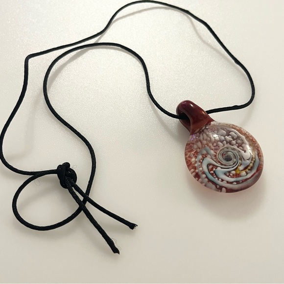 Handblown Artisan Brown Blue White Yellow Glitter Art Lampwork Glass Necklace - Picture 14 of 16